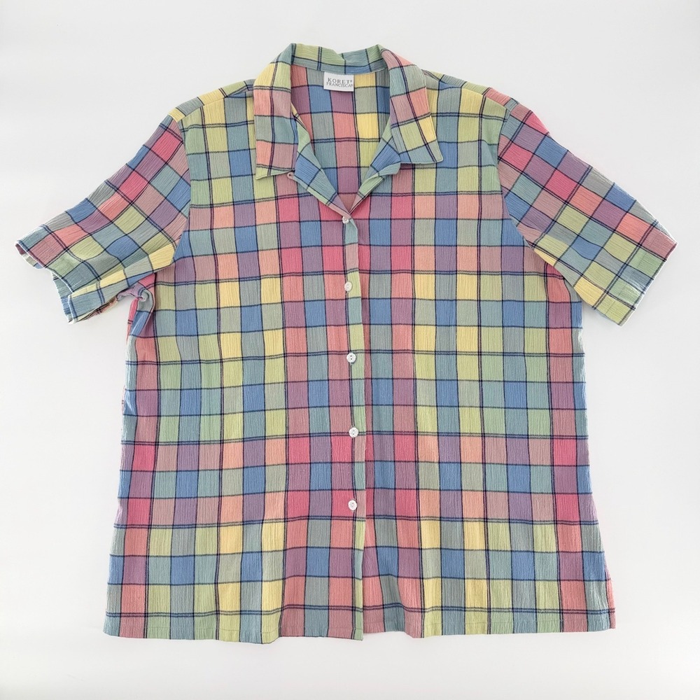 Vintage KORET FRANCISCA Pastel Plaid Button Front Short Sleeve Shirt